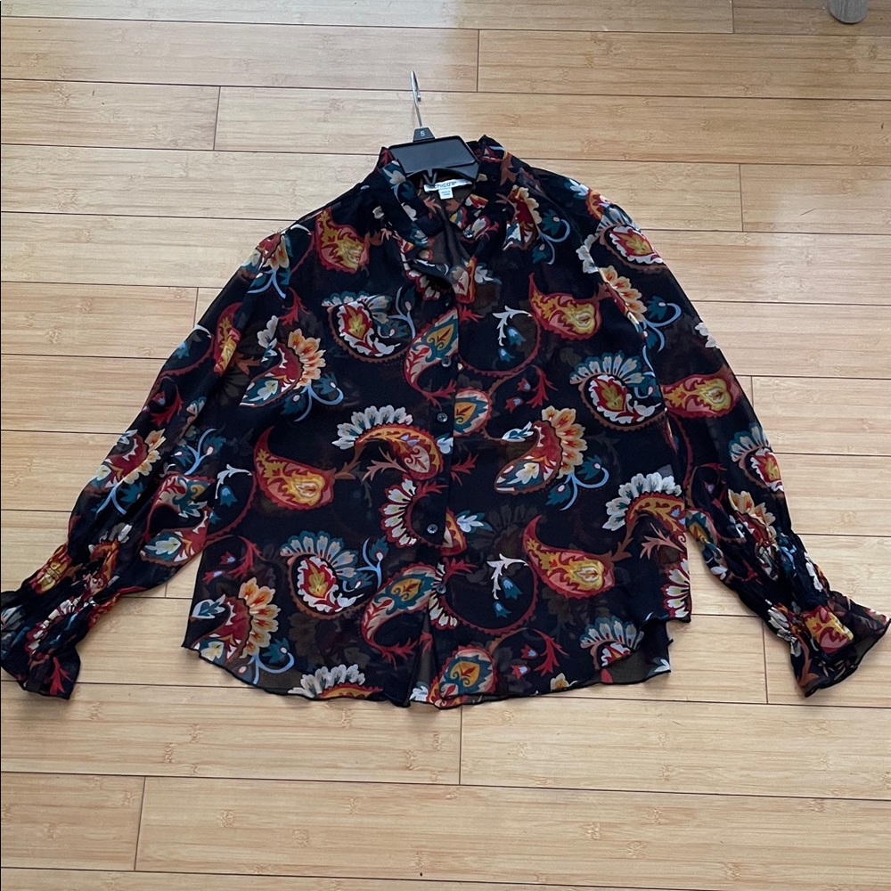 Women Chico's Multicolor Floral Paisley Sheer Blouse Size 10 NWOT Long Sleeve